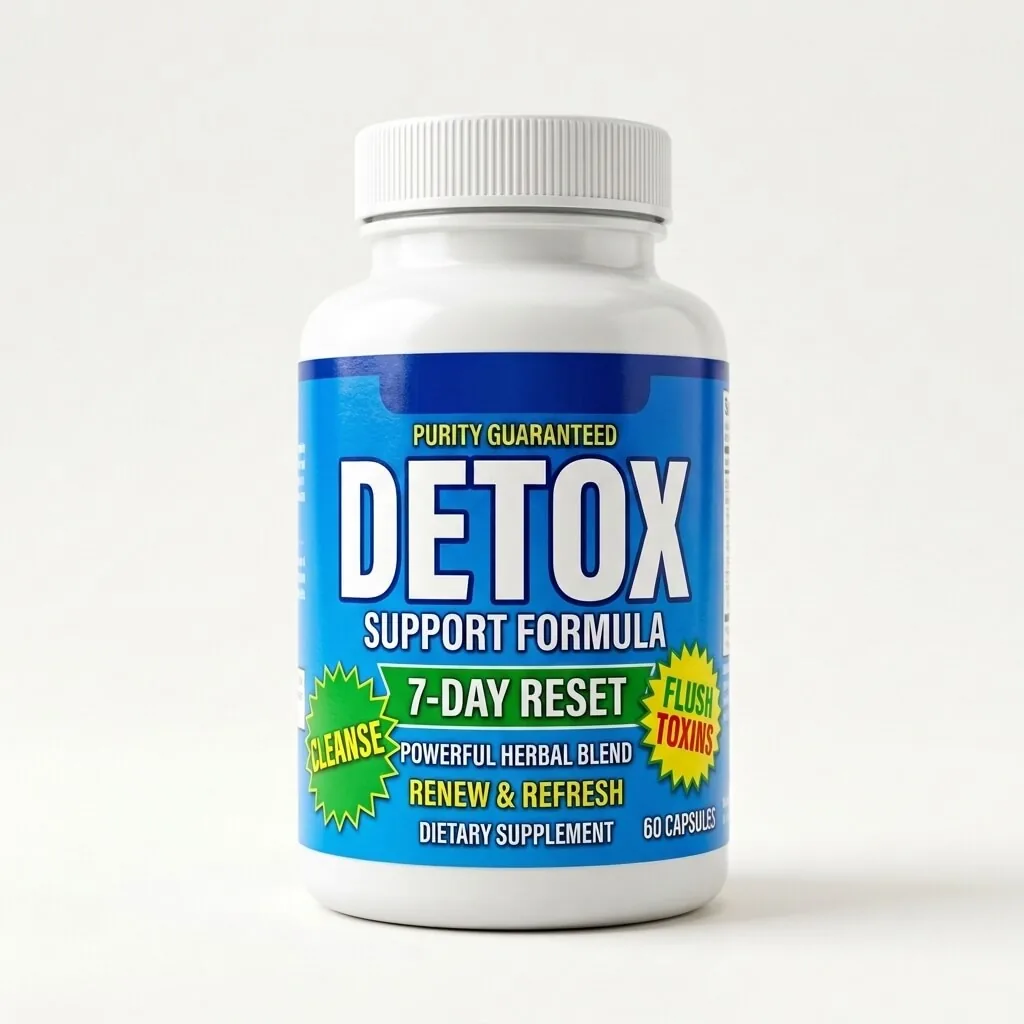A plain white supplement bottle representing generic detox products